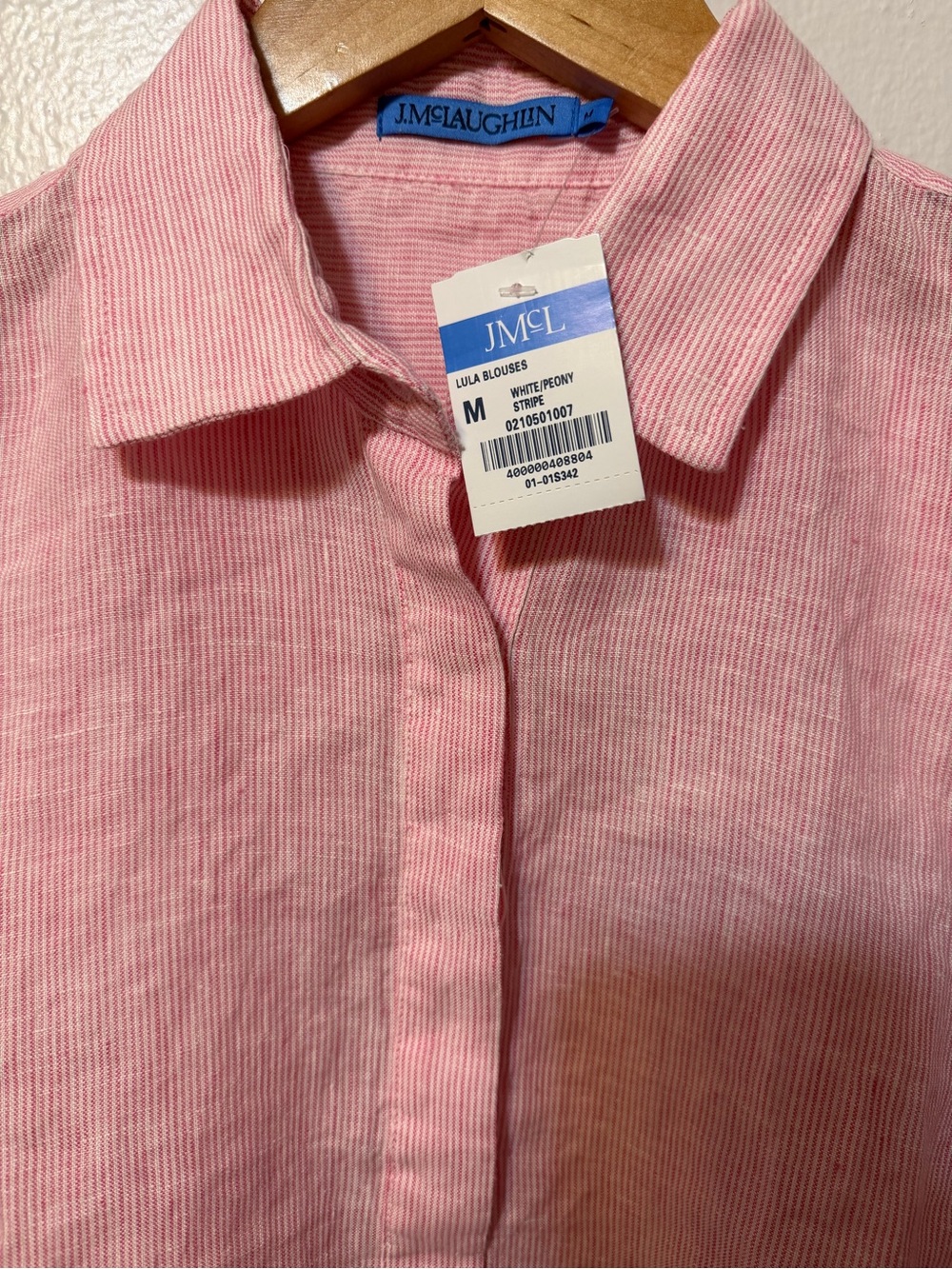 NEW J.McLaughlin Linen Striped Button-Front Shirt Pink/White Point Collar M